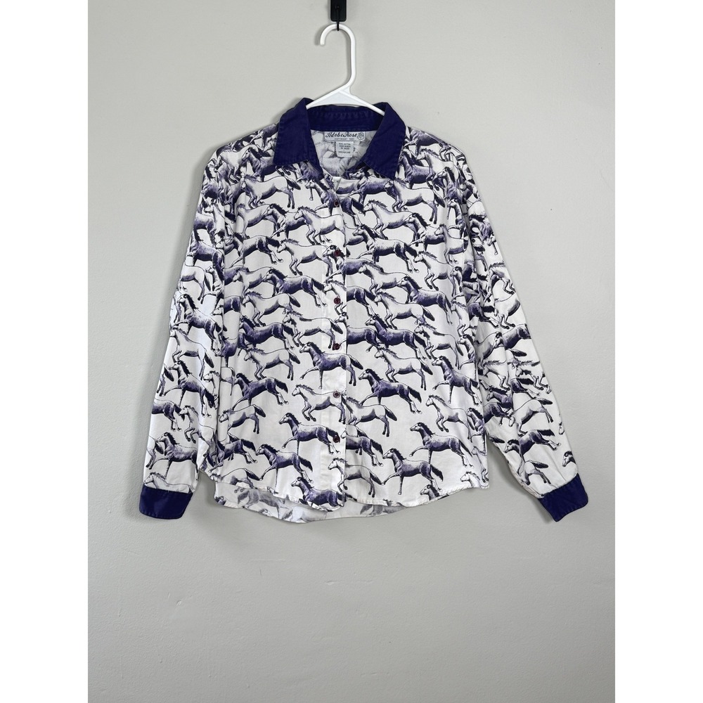Adobe Rose Button Down Shirt Womens L Purple Cotton‎ Horse Print Western Cowgirl
